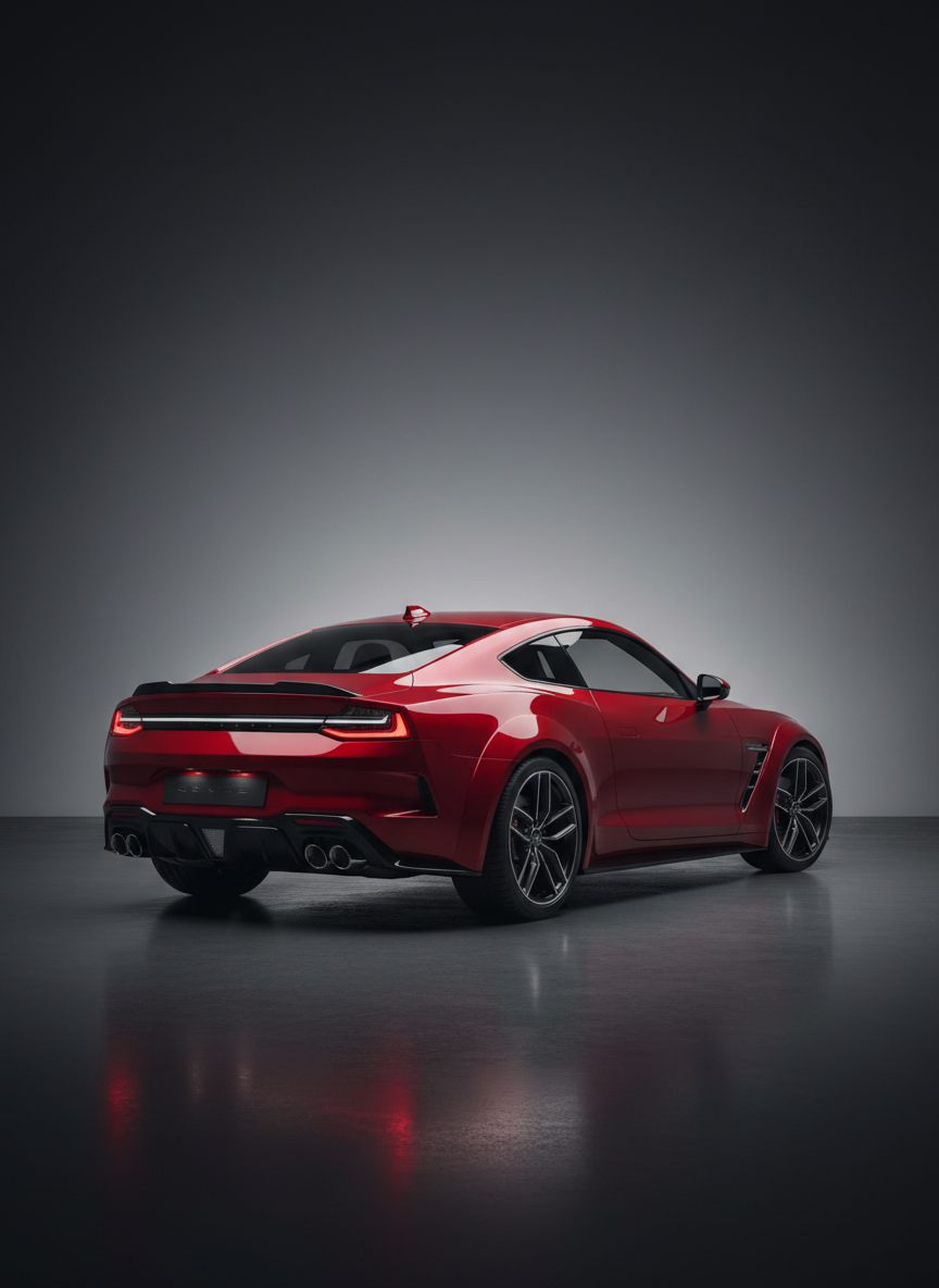 A detailed rear three-quarter shot of a sporty red coupe, positioned on a smooth, dark-gray studio floor. The camera captures the sculpted rear bumper, dual exhausts, taillights, and sloping roofline converging toward the trunk spoiler. The background is minimal and gradient, fading from medium gray near the car to a deeper tone at the edges. Focused studio lighting from behind and above creates a subtle rim light along the car’s edges, accentuating curves and paint depth, while leaving soft shadows beneath. Photographic realism with a bold, dynamic mood, ideal for category pages focused on performance vehicles within a modern, professional dealership website.