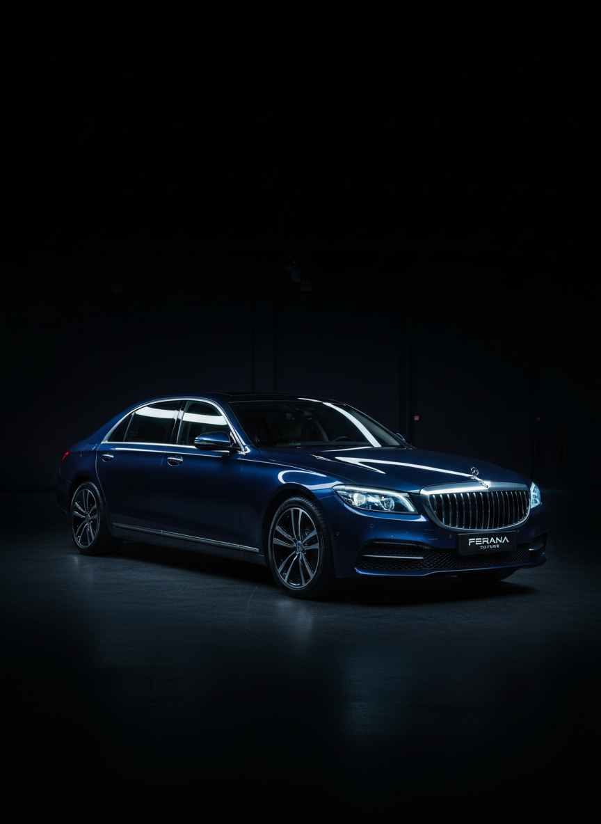 A nighttime-style studio composition of a dark blue luxury sedan illuminated by controlled, cool-toned lighting. The car is positioned slightly off-center on a matte black floor with faint reflections under the chassis. Focus lights trace along the roofline, hood, and side, creating sleek highlights that emphasize the aerodynamic shape, while the rest of the environment fades into deep shadow. Headlights and taillights are subtly lit to add visual interest without overpowering the scene. Photographic realism with a dramatic, cinematic mood, shot from a low angle to accentuate presence and status, perfect for a hero section promoting premium or executive vehicles at Ferana Motors.