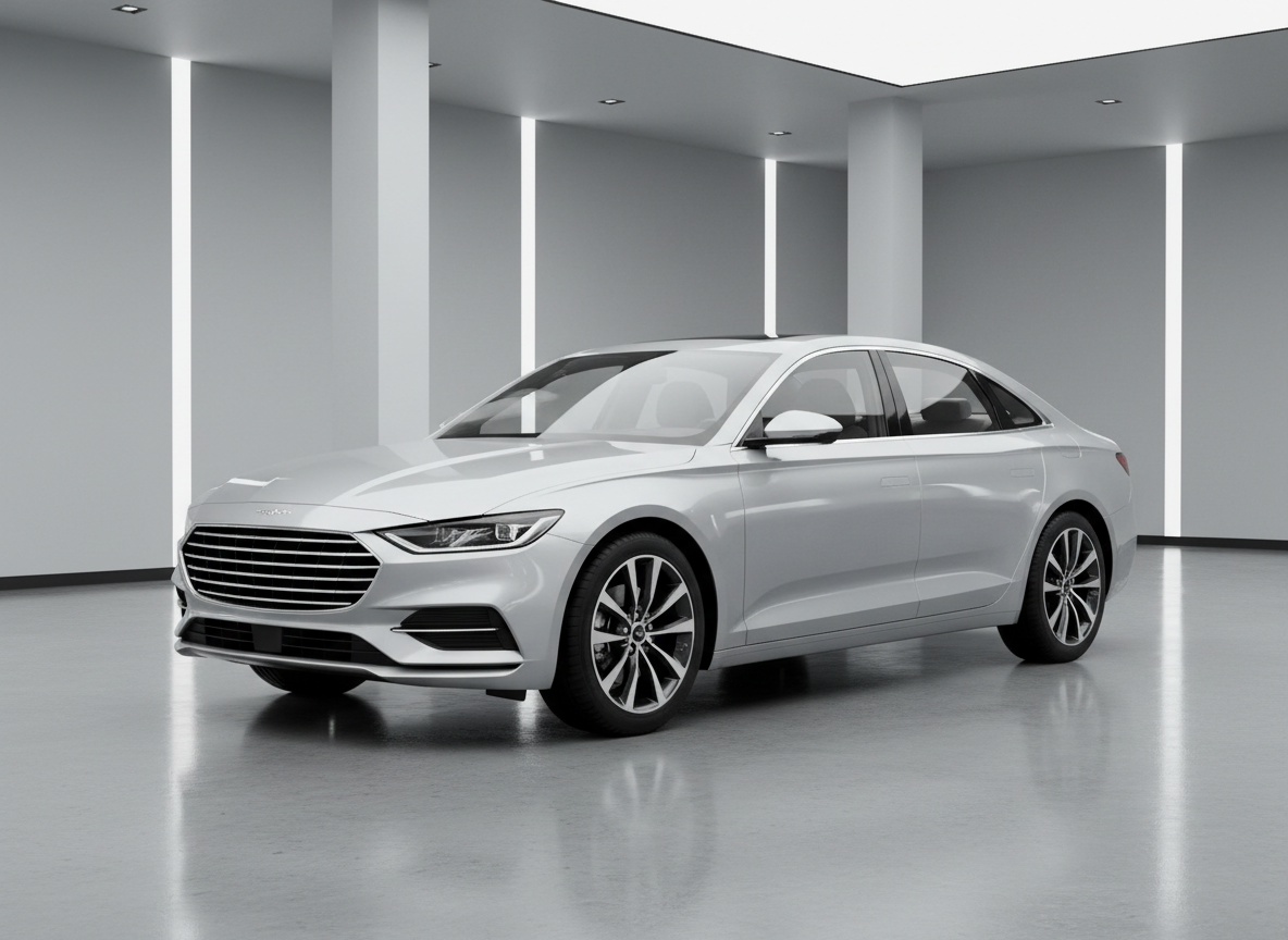 A sleek silver sedan with clean lines and a glossy metallic finish, parked in a spacious, modern showroom with polished concrete floors. The vehicle is positioned three-quarters toward the camera, showcasing front grille, headlights, and side profile in a single view. Soft, even studio lighting from overhead and side panels creates clear reflections along the bodywork without harsh shadows. The background is neutral light gray with minimalist architectural details, emphasizing the car as the focal point. Photographic realism with a professional, high-end dealership feel, shot at eye level with sharp focus throughout to highlight paint quality, wheel design, and overall condition, conveying trust, transparency, and premium inventory.