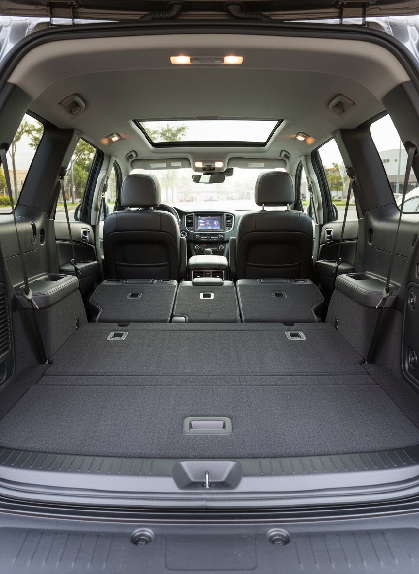 A crisp, wide-angle interior shot of a well-maintained family SUV, taken from the open rear hatch looking toward the front. Folded rear seats reveal a spacious, flat cargo area with clean, textured carpeting, while the middle row seats stand upright in uniform dark fabric or leather. The dashboard and front seats are visible in the distance, neatly aligned. Natural daylight streams in from side windows and rear opening, supplemented by soft interior lighting, producing an even, inviting brightness. Photographic realism with sharp focus throughout, capturing practicality and space. The atmosphere is welcoming and functional, well suited for an inventory detail page emphasizing utility and everyday usability.