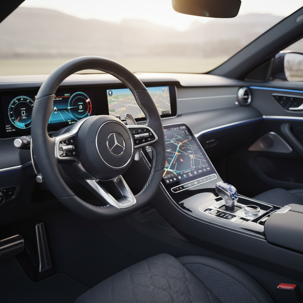 An interior detail shot of a high-end vehicle cabin, focusing on the dashboard and center console. A leather-wrapped steering wheel with fine stitching frames a digital instrument cluster, while a large infotainment screen and brushed aluminum controls sit in a piano-black center panel. The seats, visible in the background, are upholstered in dark perforated leather with subtle texture. Soft, diffused daylight enters through the windshield and side windows, providing natural highlights on the materials without glare. Photographic realism with a shallow depth of field keeps the foreground controls in razor-sharp focus while gently blurring the rear cabin, communicating comfort, technology, and quality for a professional automotive site.