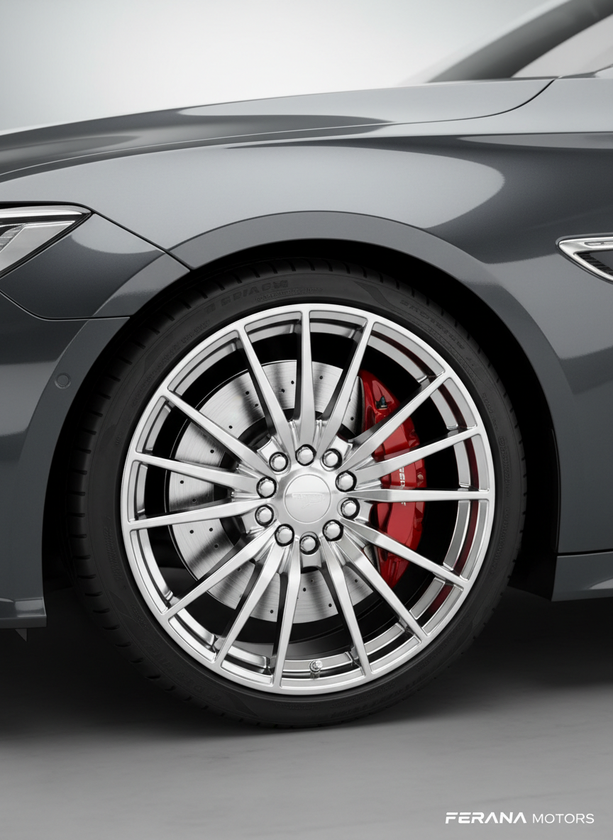 A close-up three-quarter shot of a premium alloy wheel and front fender on a dark gray sedan, emphasizing meticulous condition and detail. The wheel features a multi-spoke design with a polished metallic finish and clean brake disc visible behind. The tire sidewall appears new, with crisp tread pattern along the edge. The glossy bodywork above reflects soft studio lighting, revealing the subtle curve of the wheel arch. Background elements are intentionally blurred into a neutral gradient, keeping the viewer’s focus on quality and craftsmanship. Photographic realism with a minimalist, high-end aesthetic, ideal for highlighting attention to detail and transparency in Ferana Motors’ vehicle listings.