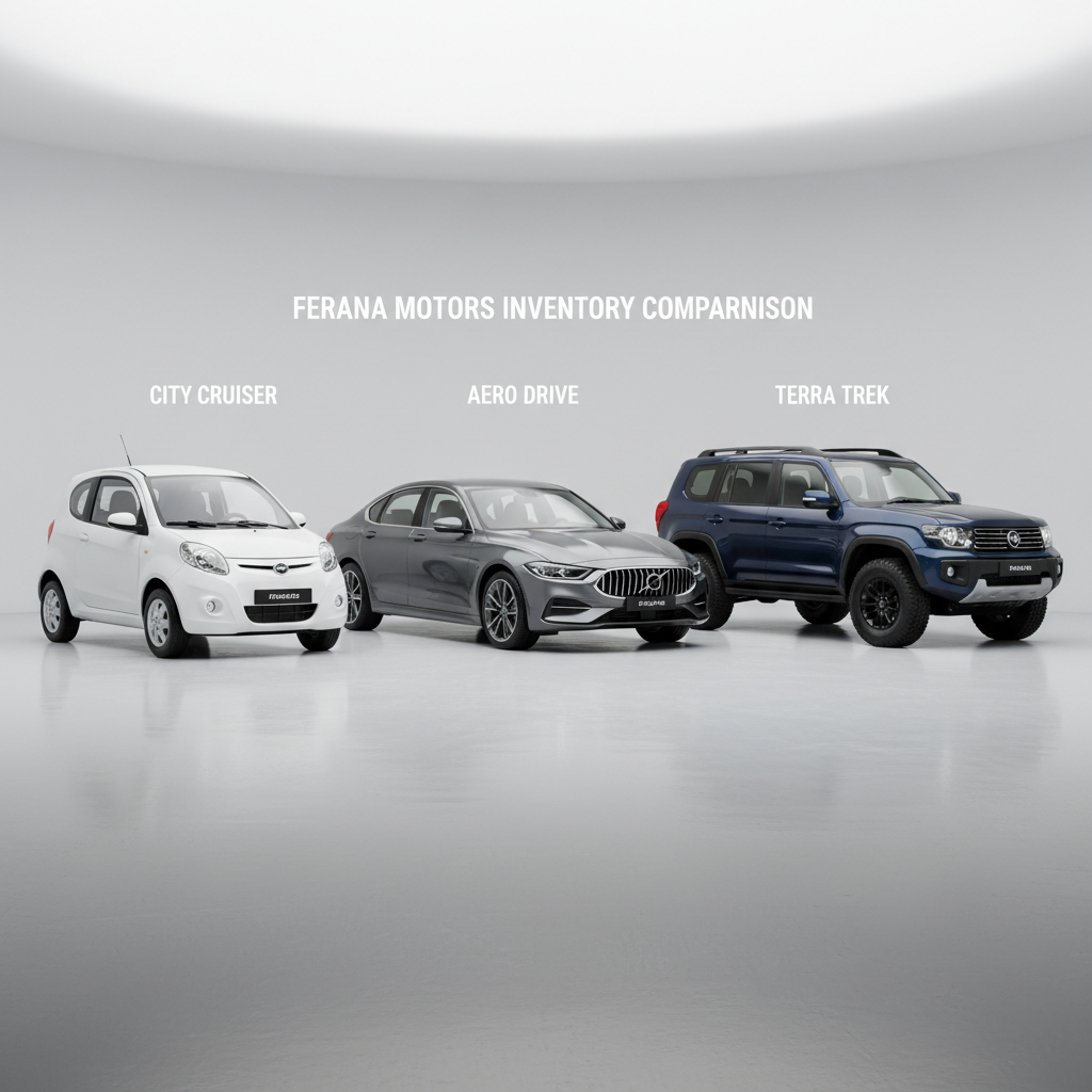 A side-by-side comparative display of three vehicles in a controlled studio environment: a compact city car, a mid-size sedan, and a robust SUV, each in a different neutral color (white, gray, and dark blue). They are aligned parallel, slightly staggered so each profile is clearly visible without overlap. The floor is smooth and lightly reflective, with a seamless light-gray background behind. Uniform, soft studio lighting ensures consistent brightness and color accuracy, highlighting body shapes for easy comparison. Shot from a slightly elevated, wide-angle perspective with sharp focus from front to back, the mood is professional and analytical, perfect for an online filter or comparison section highlighting options in the Ferana Motors inventory.